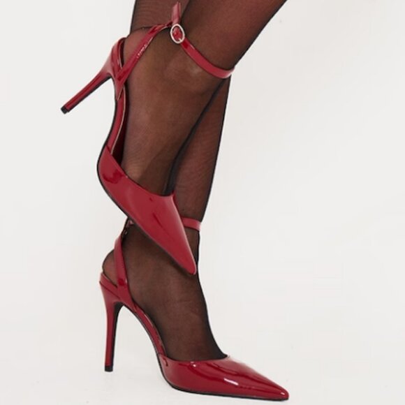 PrettyLittleThing Cherry Red Burgundy Patent Ankle Strap High Heeled Courts - Picture 8 of 8